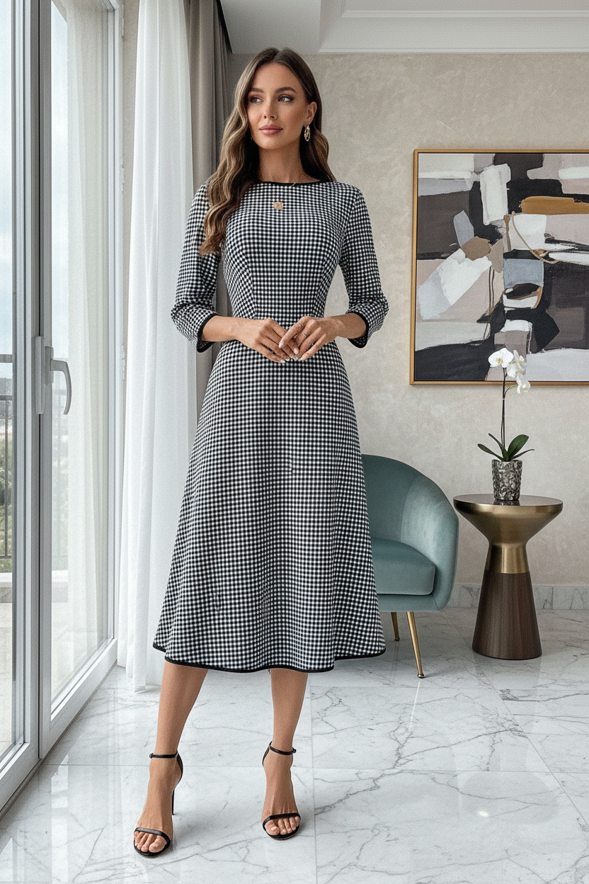 Plaid Round Neck Three Quarter Sleeve Dress Front View - Poppy & Pearl Edit