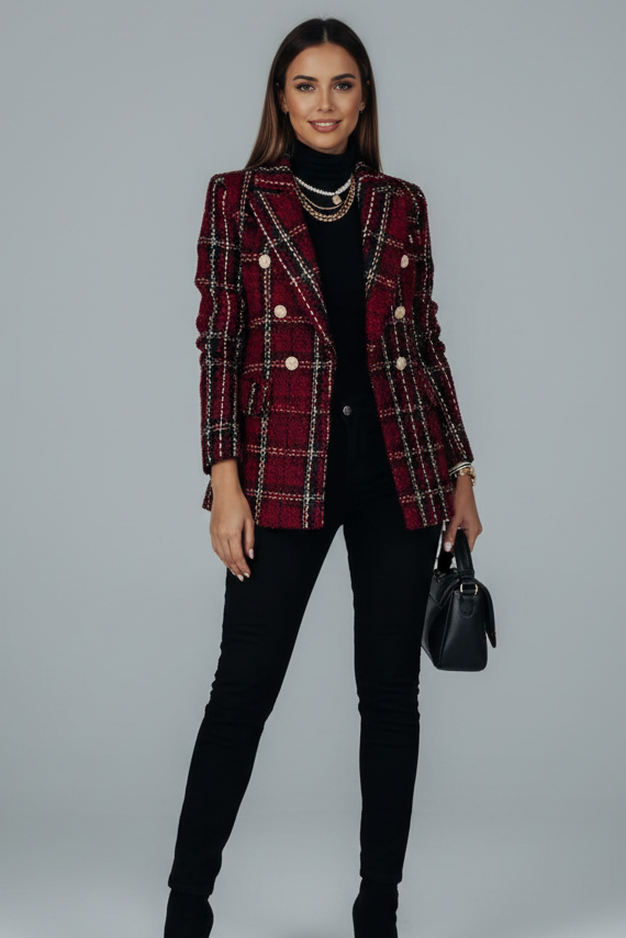 Plaid Tweed Double-Breasted Blazer - Deep Wine Burgundy Editorial