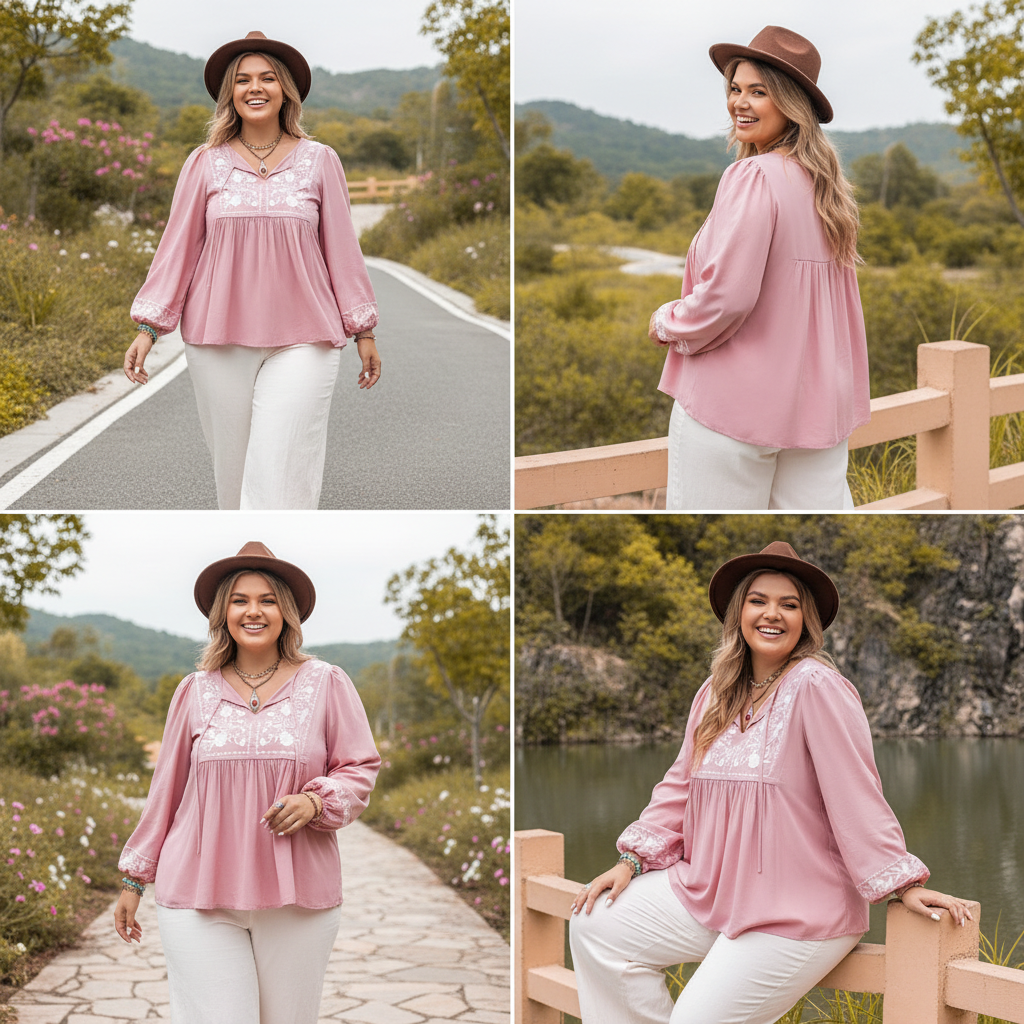Plus Size Tie Neck Puff Sleeve Blouse 002 - Poppy & Pearl Edit
