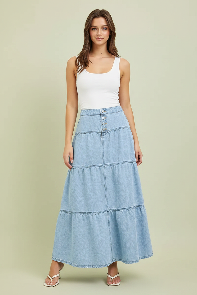 RISEN High Rise Tiered Ruffle Denim Maxi Skirt - Editorial v2