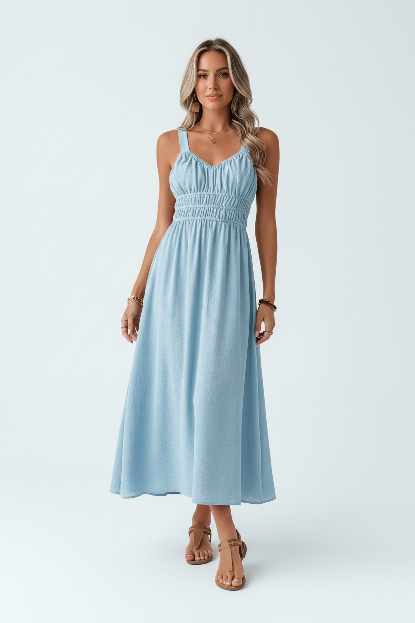 Sleeveless Smocked Casual Midi Dress - Light Blue Editorial