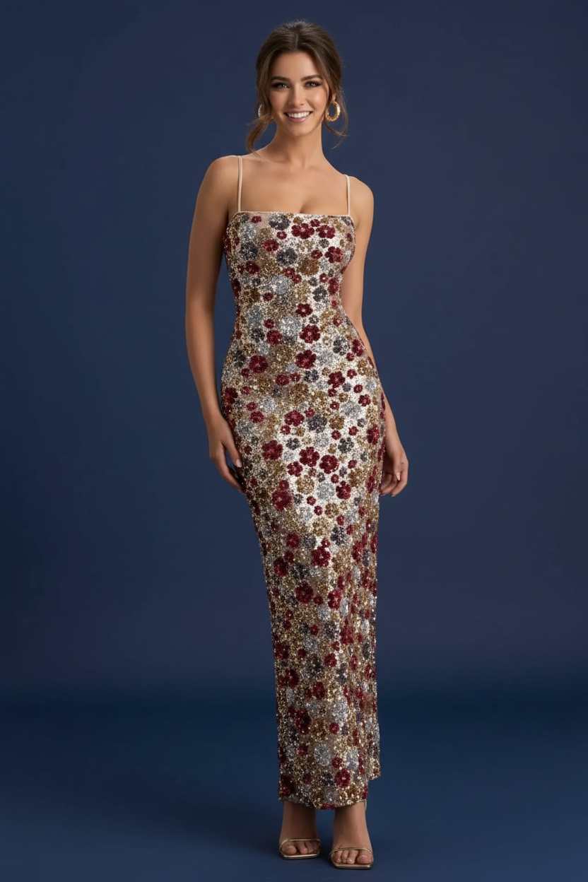 Slit Floral Sequin Bodycon Maxi Dress 001 - Poppy & Pearl Edit