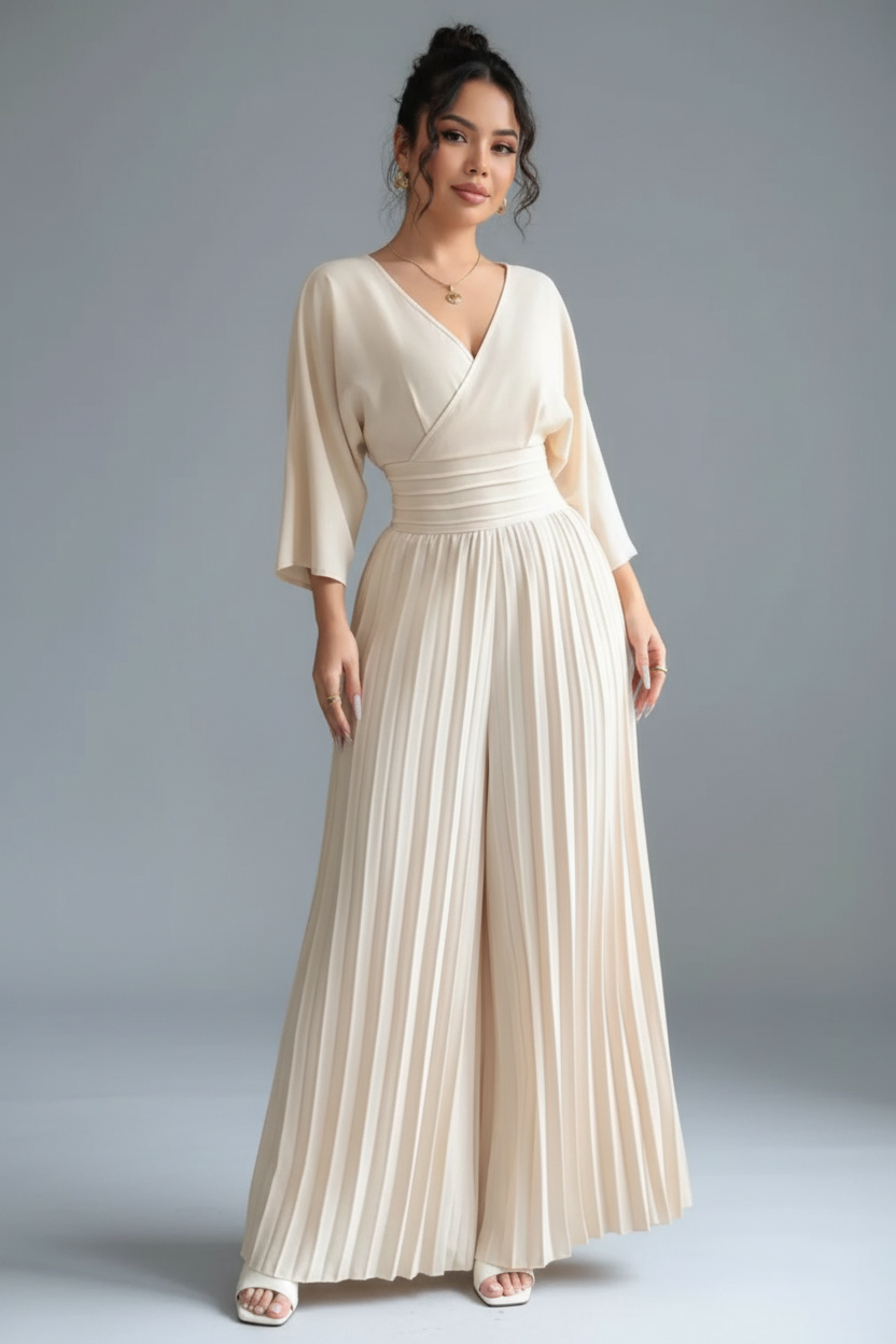 Surplice Pleated Wide Leg Jumpsuit