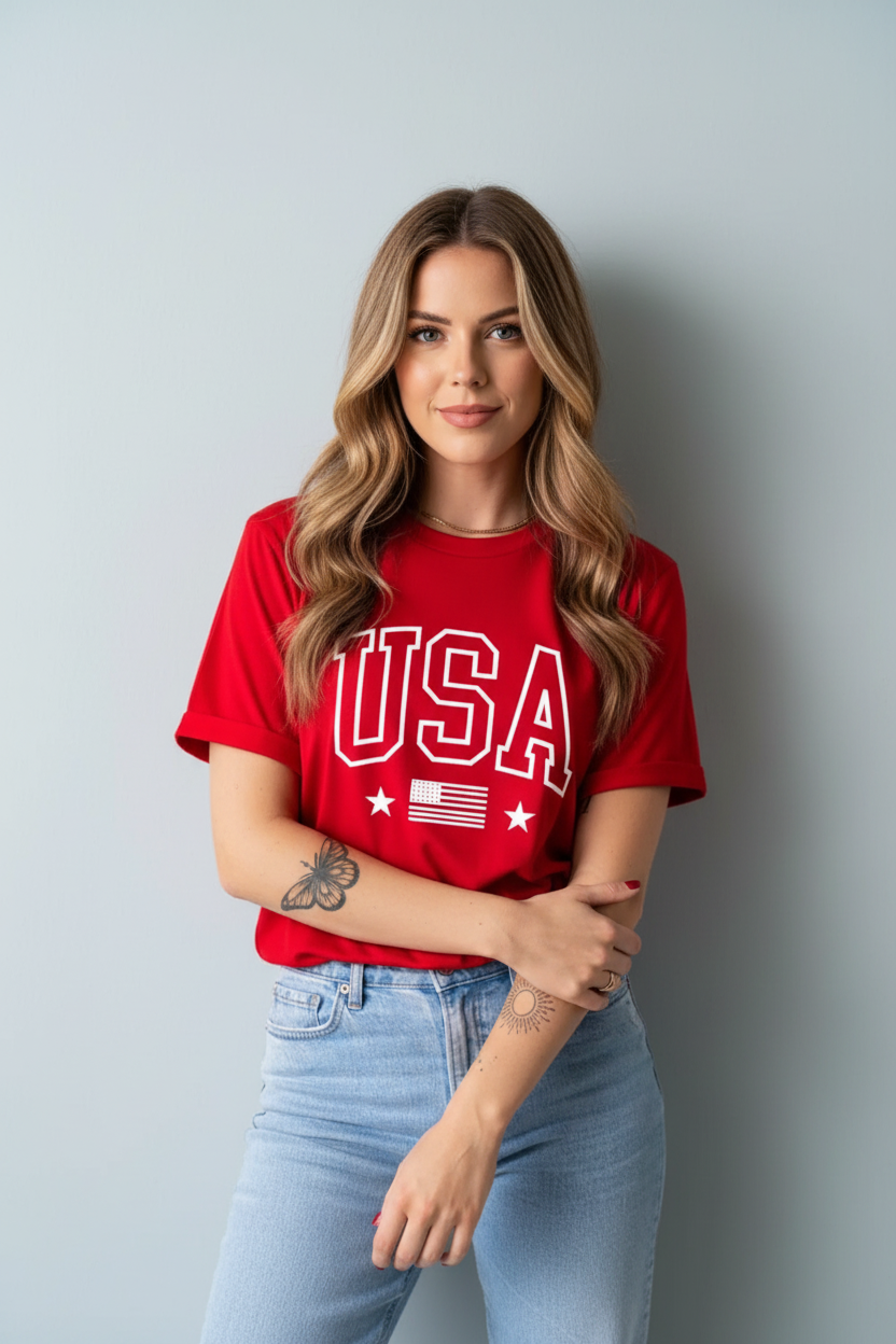 USA American Flag Crewneck T-Shirt - Pose 1
