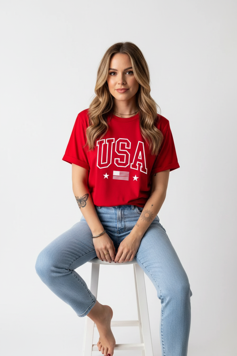 USA American Flag Crewneck T-Shirt - Pose 2